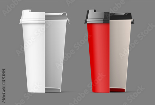 Schematic view of the paper coffee cup with plastic cap. Takeaway packaging for drinks to go. Vector illustration