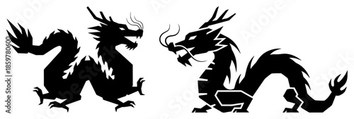Two Chinese dragon silhouettes. Pair of traditional Asian mythological creatures facing each other vector illustration.