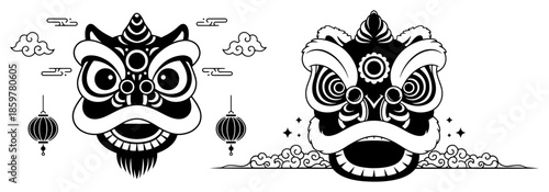 Chinese Lion Dance heads vector illustration. Traditional New Year festival costume masks with lanterns and clouds.