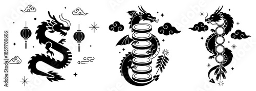 Chinese dragons with lucky coins and lantern. Symbols of wealth and prosperity for Lunar New Year vector illustration.
