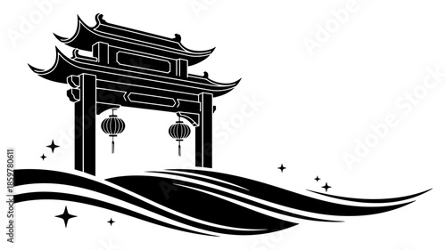 Chinese gate silhouette on landscape background. Traditional Asian archway entrance with lanterns and stars.