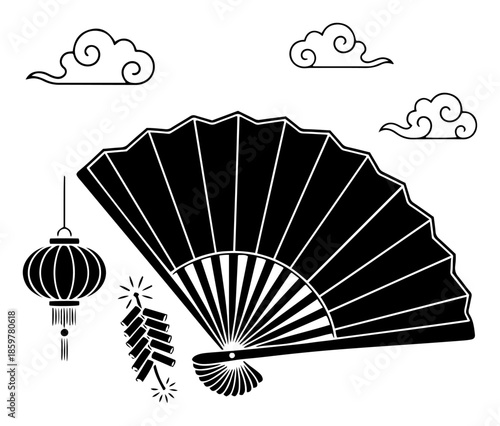 Chinese hand fan silhouette with lantern and firecrackers. Traditional Asian New Year festival decoration symbols.