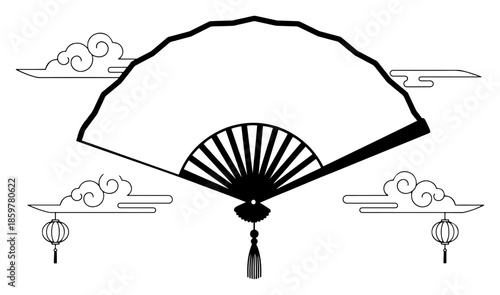 Chinese folding fan with clouds and lanterns. Traditional Asian culture decorative element vector illustration.