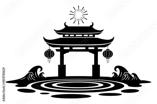 Asian gate standing in water silhouette. Traditional shrine archway with waves, ripples and sun vector illustration.