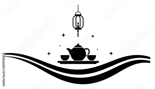 Traditional Chinese tea set silhouette. Teapot and cups on tray with hanging lantern and abstract waves vector illustration.