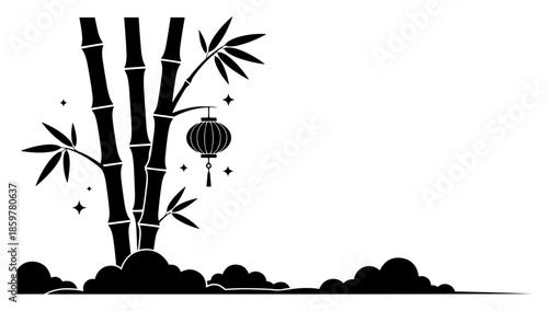 Bamboo forest silhouette with hanging lantern. Traditional Asian nature landscape background with copy space vector illustration.