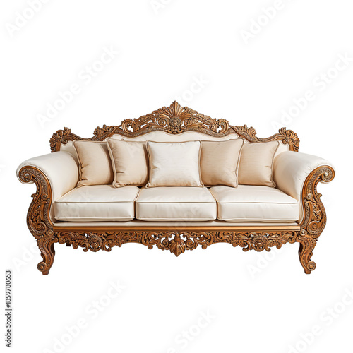 Elegant Wood Sofa With Cream Cushions in Classic Design for Living Room