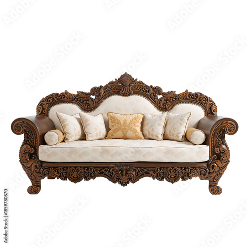 Elegant Wood Sofa With Cream Cushions in Classic Design for Living Room