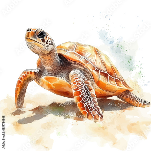 Turtle Crawling Slowly, illustration watercolor with dynamic strokes and balanced color harmony, isolated on a white background.