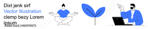 Wellness practices, productivity, growth, nature, mindfulness, remote work. Woman meditating, leaf symbol man at laptop. Wellness and productivity illustrated with elegant minimalism