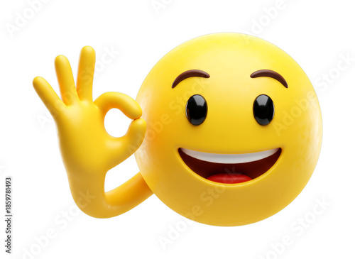 Yellow emoji character making an OK hand gesture with a wide happy smile, symbolizing approval, agreement, and success in communication.