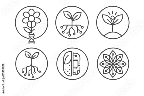 Organic Technology Icons. Line style circular vector icons of organic technology: bioengineered bloom, wire roots, plant with
