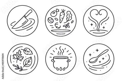 Culinary Magic Icons. Line style circular vector icons of culinary magic: chef knife slicing air, levitating vegetables, steam