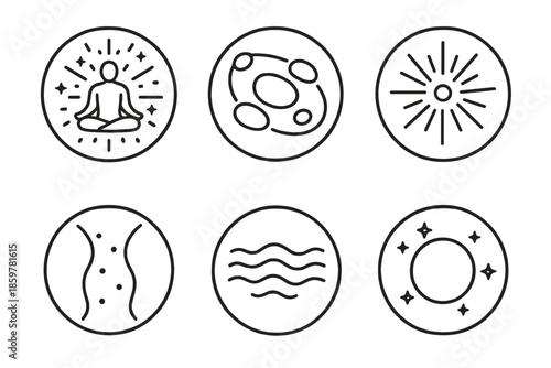 Inner Universe Icons. Line style circular vector icons of inner universe: meditating body radiating starlight, stones in orbit,