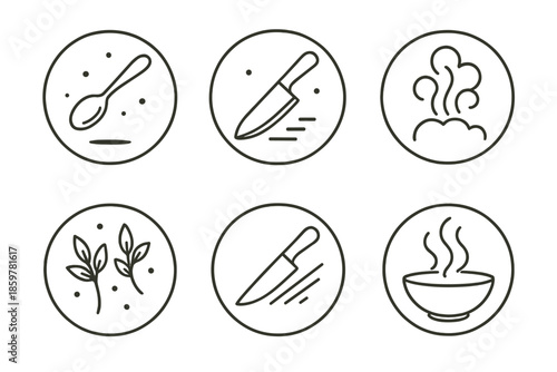 Levitating Culinary Tools. Line style circular vector icons of culinary imagination: levitating spoon, hovering knife,