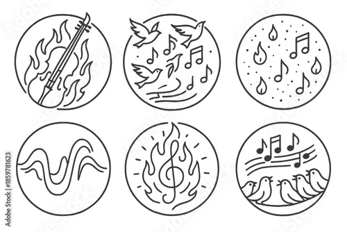 Musical Flight Icons. Line style circular vector icons of musical flight: violin in flames, birds lifting melodies, glowing embers