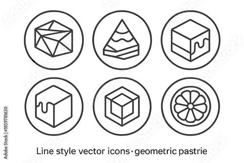 Geometric Patisserie Icons. Line style circular vector icons of geometric patisserie: cake shaped as abstract polygons, triangular