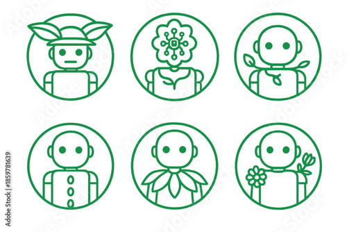 Robotic Nature Icons. Line style circular vector icons of green robotics: robot in leafy hat, flower circuit face, vine collar,