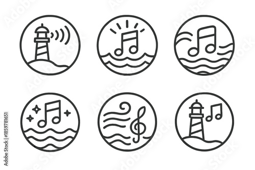 Coastal Symphony Icons. Line style circular vector icons of coastal symphony: lighthouse radiating sound, glowing music beams over