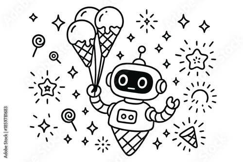 Ice Cream Robot Delight. Line style icons of Ice Cream Bot: robot holding floating ice cream balloons, glowing sparkles, tiny