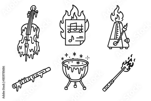 Frosty Fire Orchestra Icons. Line style icons of Frosty Fire Orchestra: ice-covered cello, flaming sheet music, tiny burning