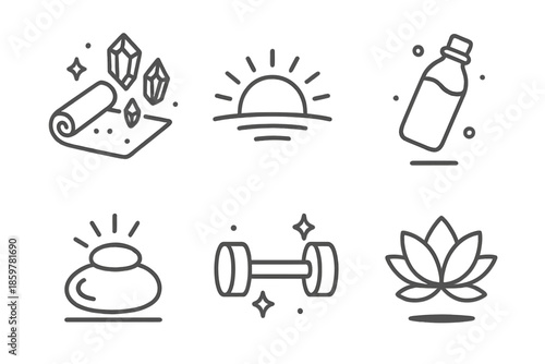 Fitness Wellness Icons. Line style icons of Fitness Wellness: yoga mat with levitating crystals, sunrise aura, tiny floating water