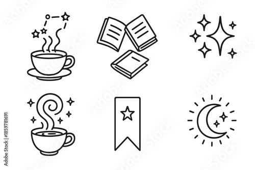 Celestial Coffee Icons. Line style icons of Celestial Reading: coffee with steam forming constellations, floating books, glowing