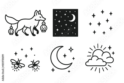 Nocturnal Fox Journey. Line style icons of Nocturnal Journey: fox carrying glowing lanterns, starry night sky, tiny floating stars