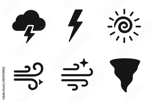 Stormy Sky Icons. Solid style icons of stormy sky elements in : electric cloud, lightning bolt, radiant swirl, glowing wind, neon