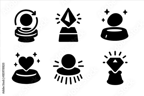 Magical Display Icons. Solid style icons of magical display in : rotating pedestal, prism stand, glowing plinth, radiant platform,