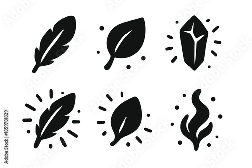 Floating Natural Icons. Solid style icons of floating natural elements in : feather, levitating leaf, prism plume, radiant quill,