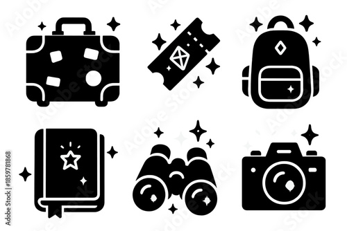 Whimsical Adventure Icons. Solid style icons of whimsical adventure objects in : suitcase, prism ticket, glowing backpack, radiant