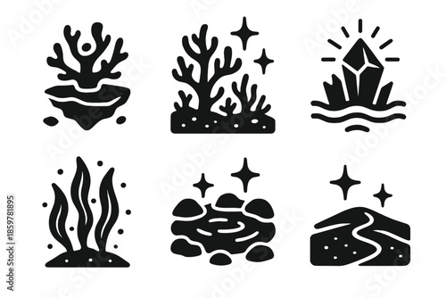 Surreal Ocean Icons. Solid style icons of surreal ocean landscapes in : floating coral, glowing reef, prism rock, radiant tidepool