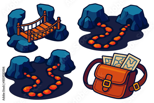Subterranean Adventure Map. Isometric vector illustration set Subterranean Cartography: hanging rope bridge connecting cavern