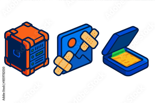 Digital Archivist Icons. Isometric vector illustration set Digital Archivist's Toolkit: archival server inside protective case,