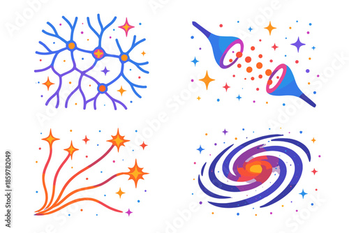 Galactic Neural Pathways. Isometric vector illustration set Galactic Maps for Neural Pathways: neural network as cosmic web,