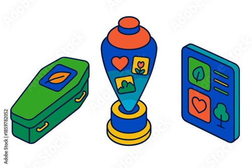 Sustainable Funeral Technology. Isometric vector illustration set Sustainable Funeral Tech Interfaces: biodegradable coffin with