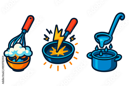 Weather Kitchen Icons. Isometric vector illustration set Weather-Changing Kitchen Utensils: whisk stirring glowing clouds, frying
