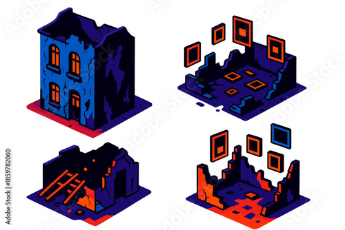 Ghostly Architectural Memories. Isometric vector illustration set Architectural Models of Forgotten Memories: ghostly townhouse
