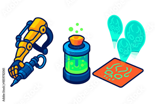Bio-Mechanical Tattoo Tools. Isometric vector illustration set Bio-Mechanical Tattoo Artist Tools: exoskeleton-mounted tattoo rig,