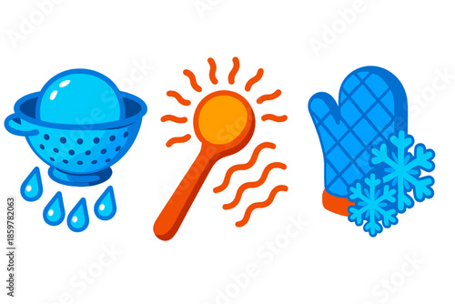 Futuristic Kitchen Forecasting. Isometric vector illustration set Kitchen Utensils Forecasting Tomorrow's Weather: colander