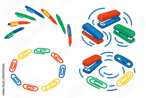 Synchronized Office Swim. Isometric vector illustration set Office Supplies Performing Synchronized Swimming: pens diving in arcs,