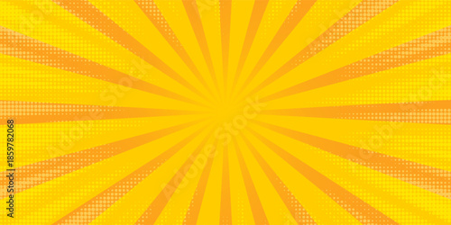 Pop art yellow comic book cartoon magazine cover. Cartoon cute retro Strip pattern mock up. Vector halftone illustration. Vintage background for comic superhero text, speech bubble, message.