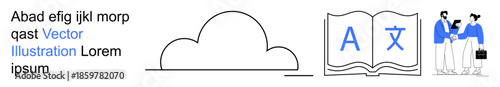 Cloud computing, language translation, business communication, digital data, networking, teamwork. Minimalistic cloud, translation book and two people talking. Cloud computing and language