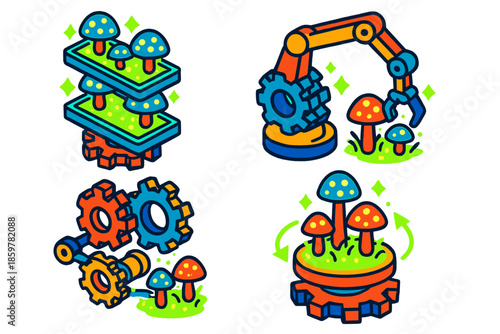 Clockwork Fungi Cultivation. Isometric vector illustration set Clockwork Mechanisms Cultivating Bioluminescent Fungi: cogs lifting