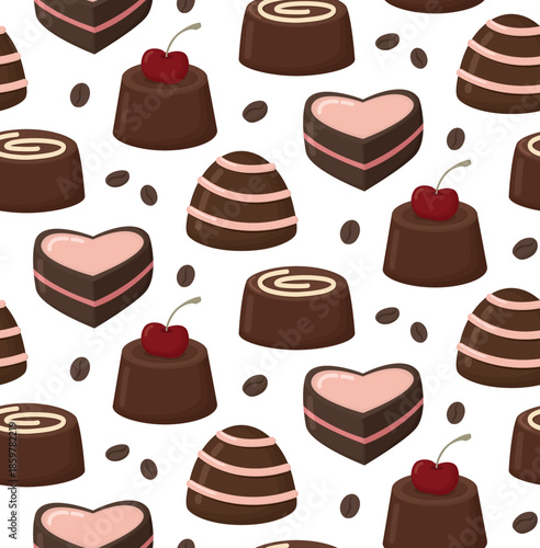Semless pattern with chocolate candies and coffee beans. Cute background of different shapes sweets 
