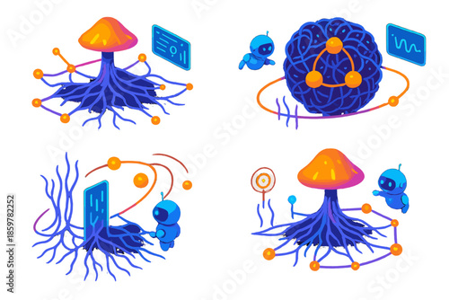 Glowing Mycelium Network. Isometric vector illustration set Mushroom roots as networks: floating glowing mycelium forming orbiting