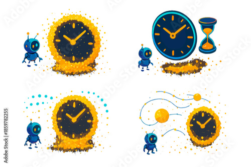 Cosmic Time Visualization. Isometric vector illustration set Moon dust telling time: floating glowing lunar dust arranging into