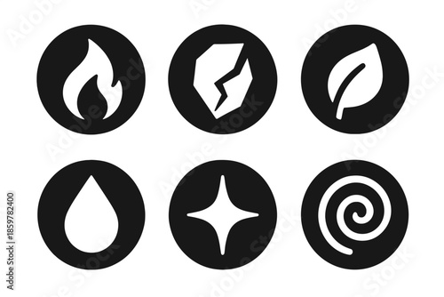 Change and Renewal Symbols. Solid style round vector icons of change and renewal: flame, mirror shard, leaf, droplet, spark,
