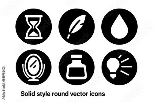 Creative Reflection Icons. Solid style round vector icons of reflection and creation: hourglass, feather pen, droplet, mirror, ink